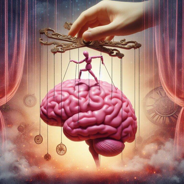 różowy mózg - podpięty jak marionetka do krzyżaka za pomocą linek, kierowany przez dłoń, na nim drewniana postać ludzika z podobnymi sznurkami