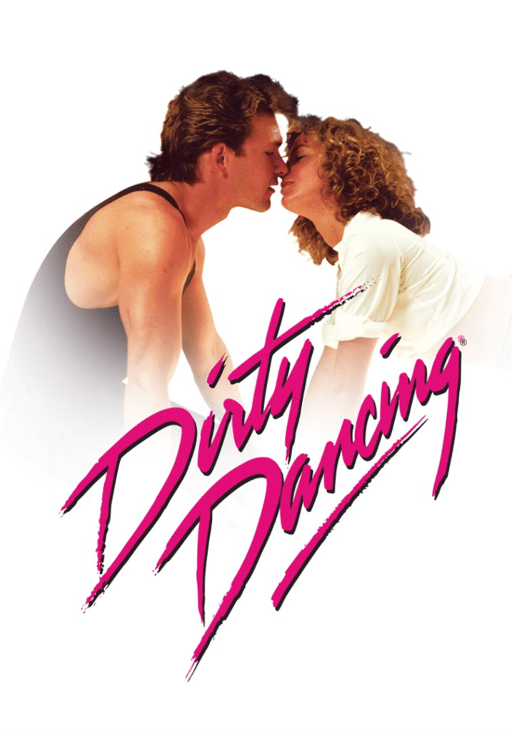 fragment plakatu filmu Dirty Dancing - Patrick Swayze i Jennifer Grey w pocałunku i napis "Dirty Dancing"