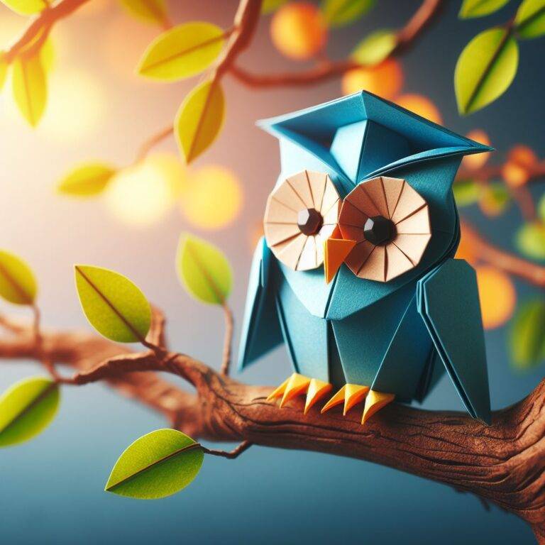 Niebieska sowa z origami na gałęzi