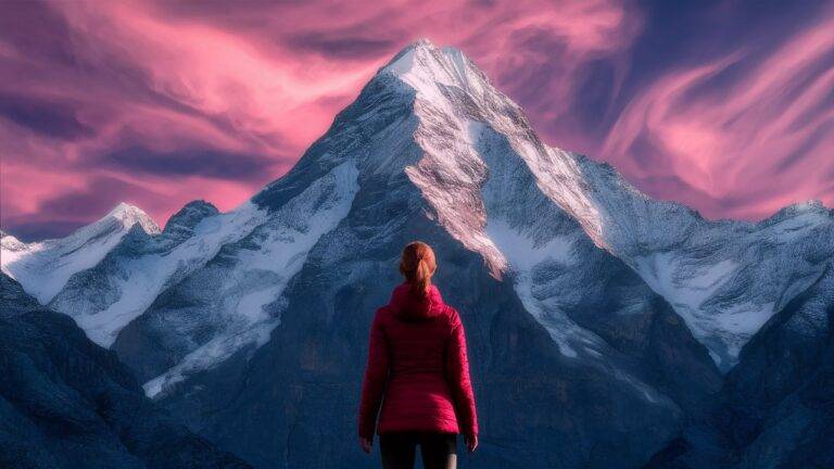postać stojąca tyłem wpatrzona w szczyt górski przed nią