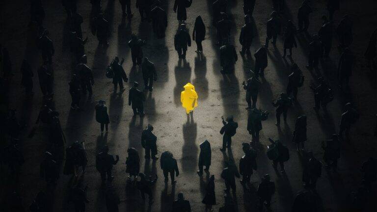 Ciemne zdjęcie grona osób otaczających jedną żółtą postać